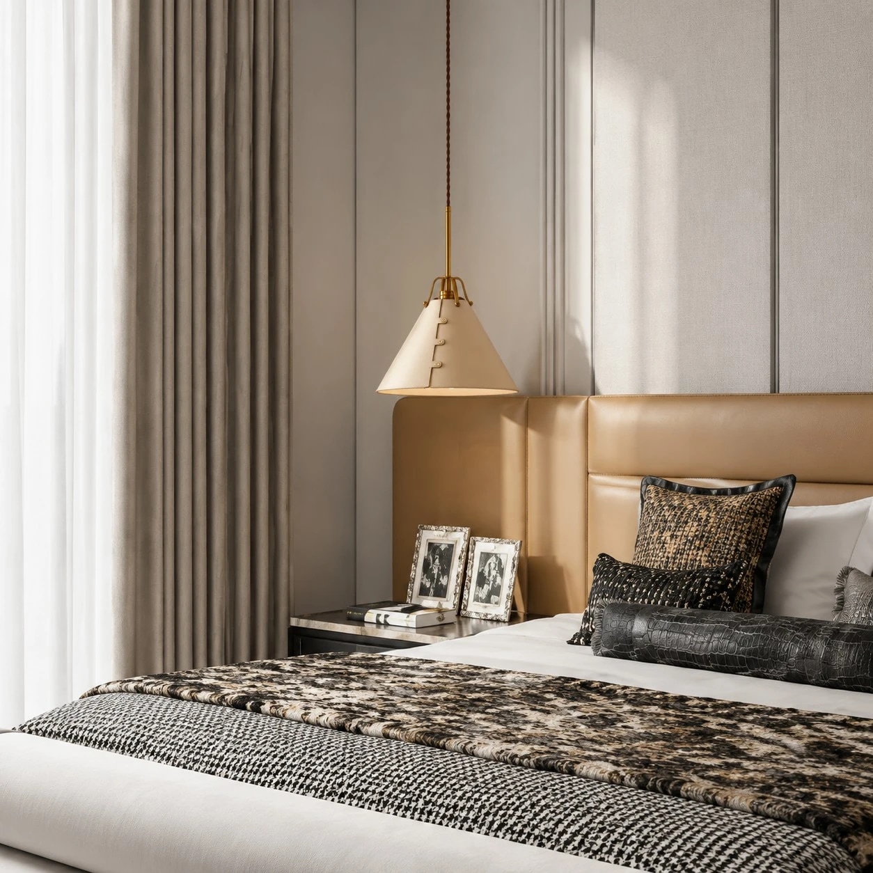 Suspension en cuir dans une chambre chaleureuse