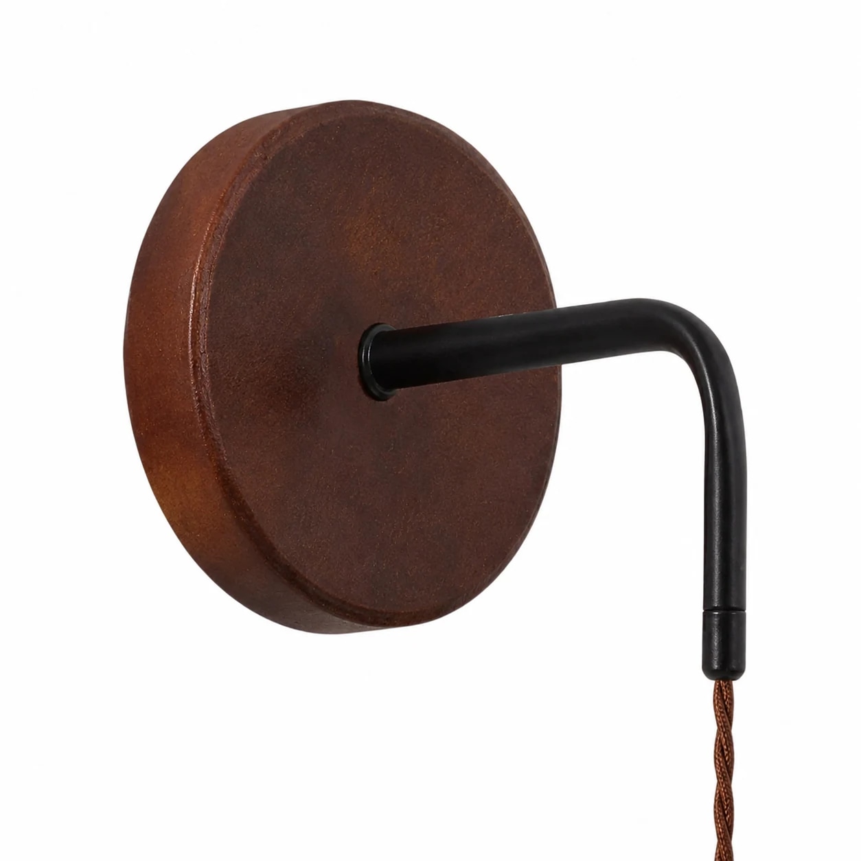 Plaque murale ronde aspect bois avec détail de bras noir mat