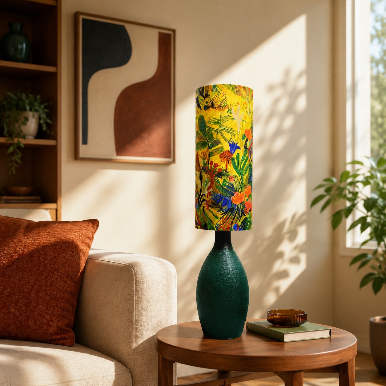 Lampe de table à motif floral jaune-vert placée à côté d'un canapé