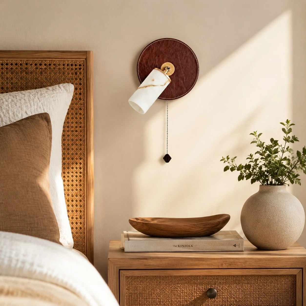 Applique murale en cuir installée à côté d'un lit