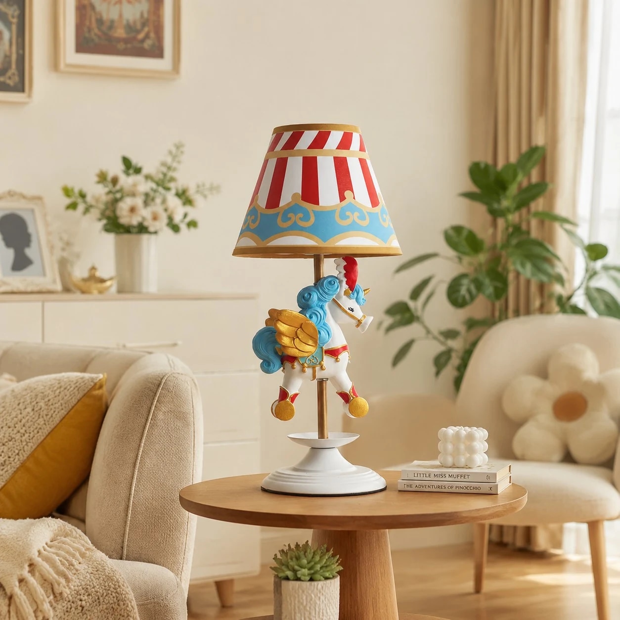 Lámpara de mesa con forma de unicornio y carrusel de circo, colocada sobre una mesa auxiliar de salón.