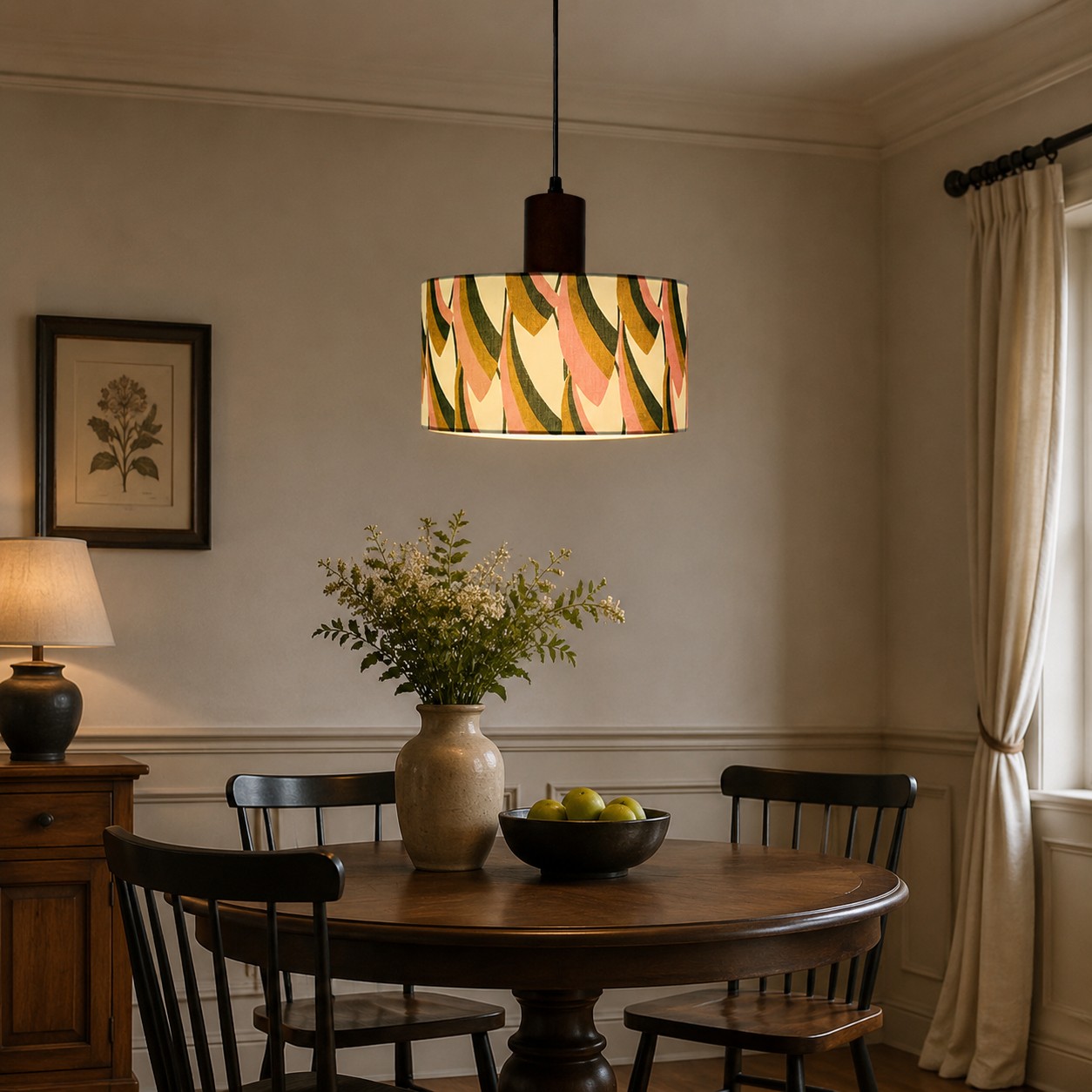 Suspension cylindrique en tissu installée au-dessus d'une table à manger ronde