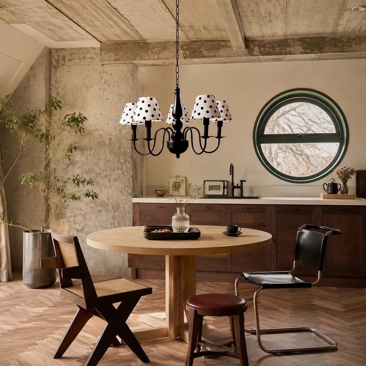 Un lustre à pois installé au-dessus d'une table à manger chaleureuse
