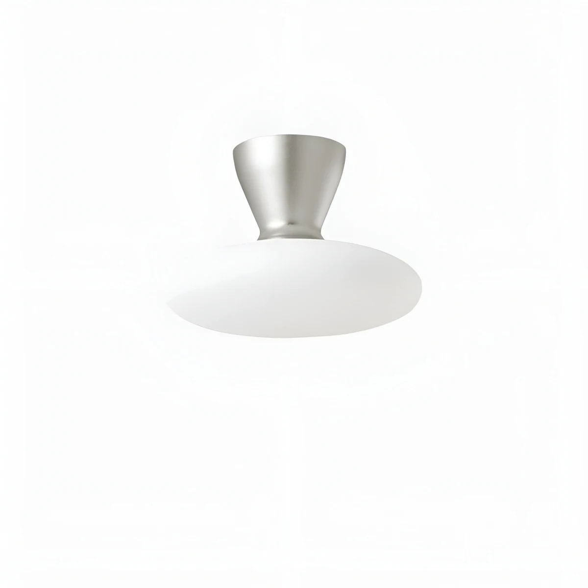 Plafoniera Konos in vetro bianco con finitura argento, dimensioni 18 cm.