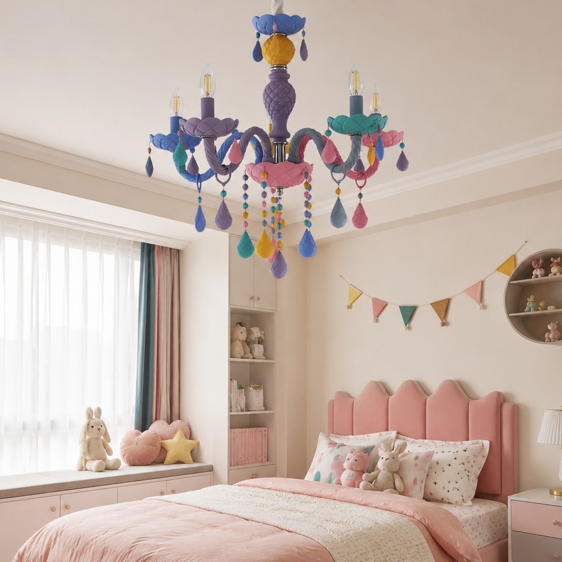 Lustre coloré installé au-dessus d'une chambre d'enfant aux tons pastel