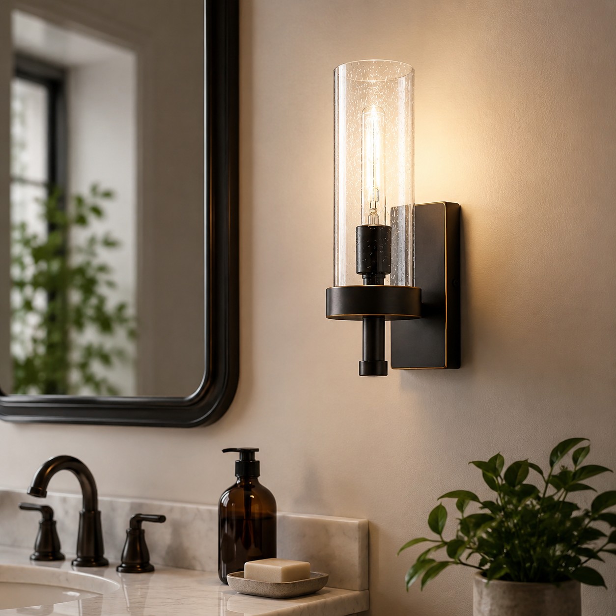 Applique murale en verre transparent noir installée près d'un miroir