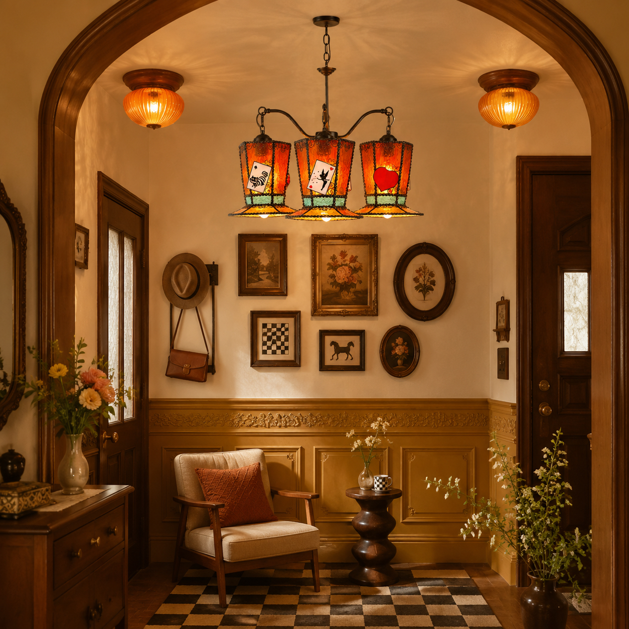 Lustre en vitrail chaleureux installé dans une entrée vintage