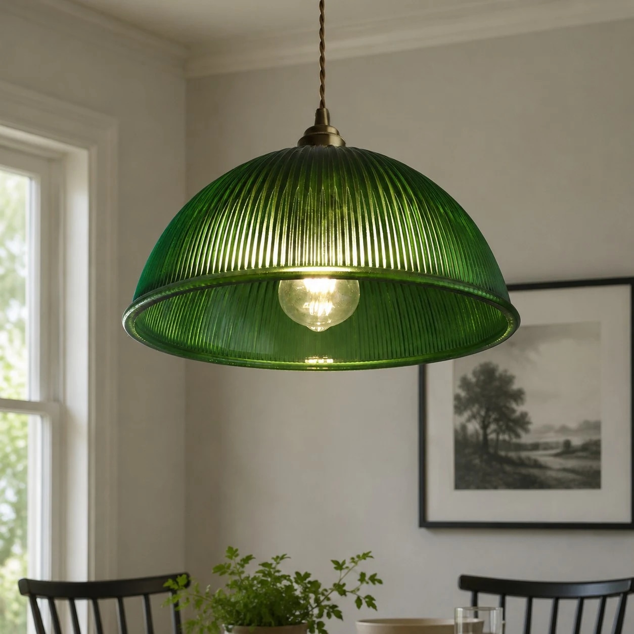 Pendentif en verre côtelé vert émeraude (vue rapprochée)
