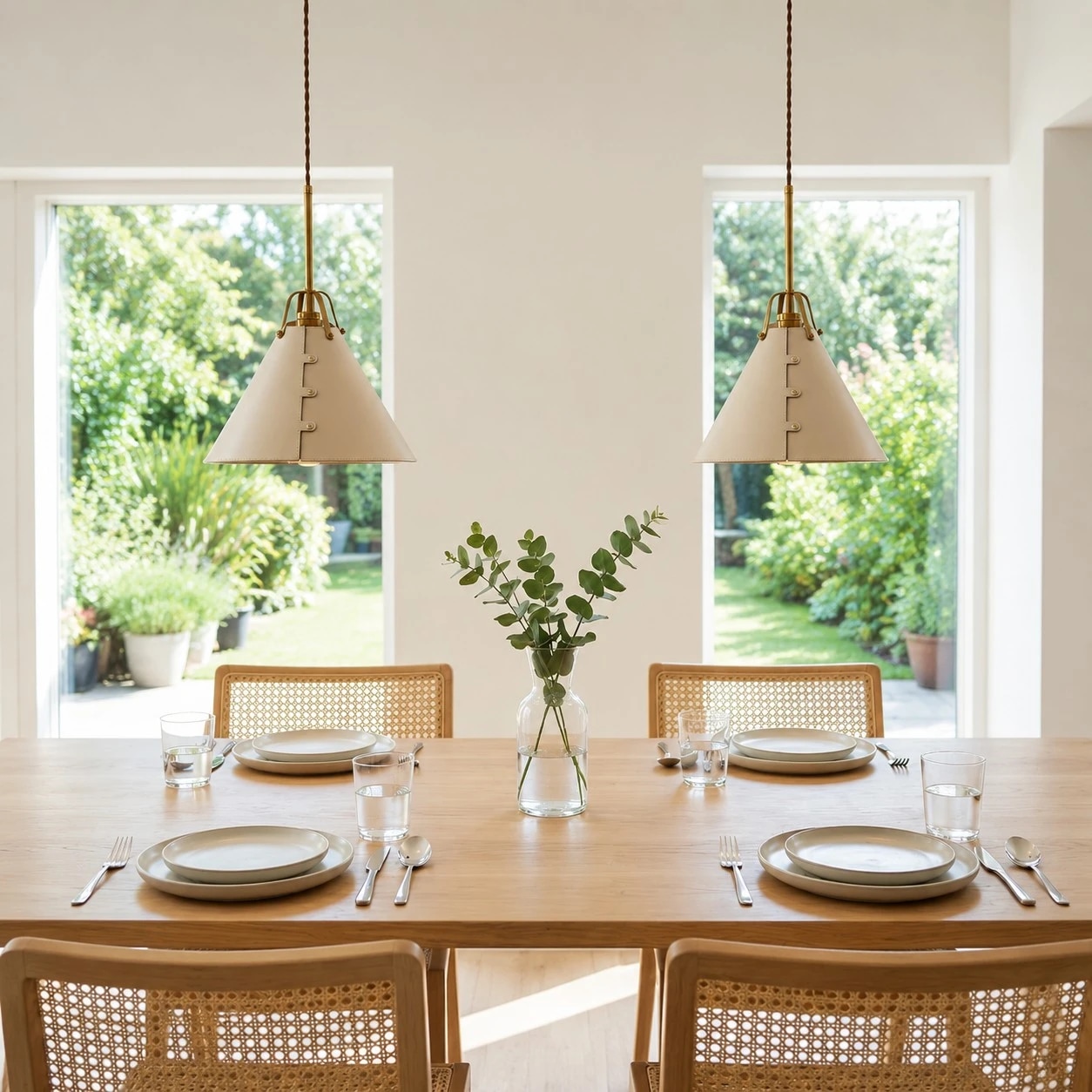 Suspensions en cuir sur une table à manger lumineuse