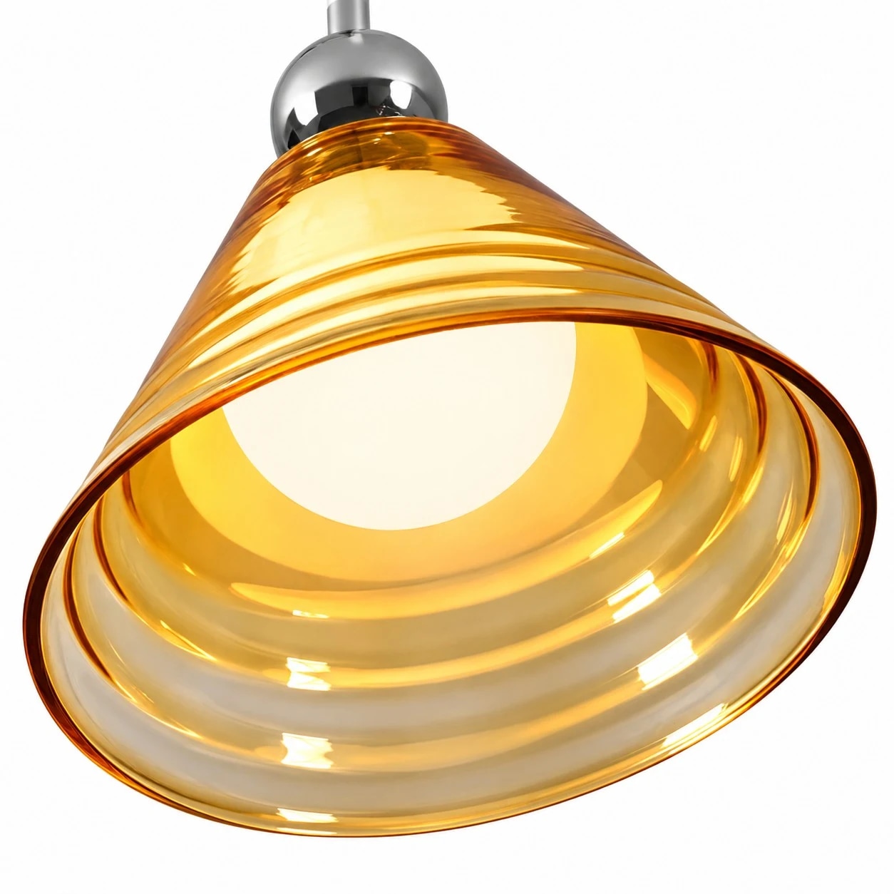 Close view of the amber-brown glass shade and warm bulb glow
