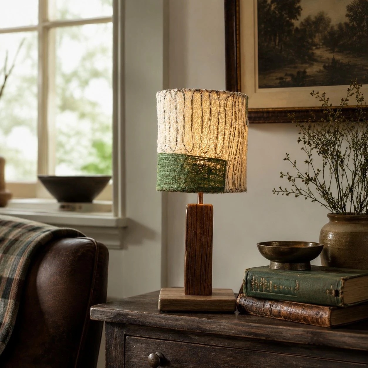 Lampe de table en fibre de luffa allumée dans un salon chaleureux