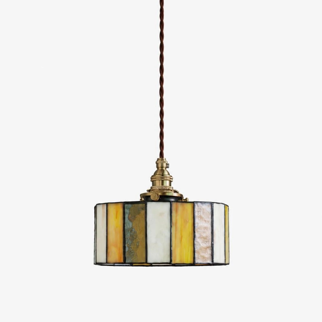 Suspension vintage en laiton et vitrail avec panneaux de verre ambré et blanc