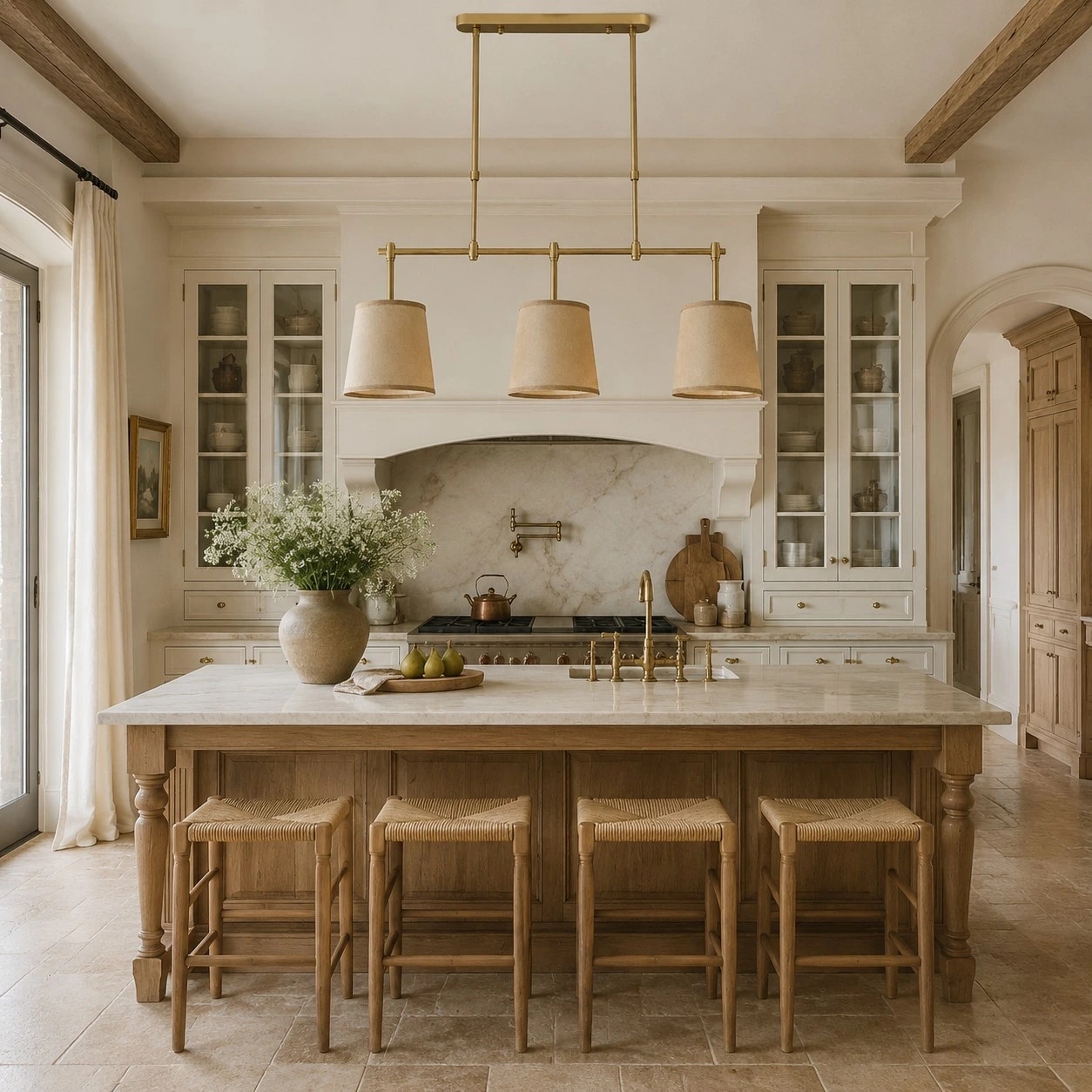 Lustre linéaire en laiton antique Dumora au-dessus d'un îlot de cuisine