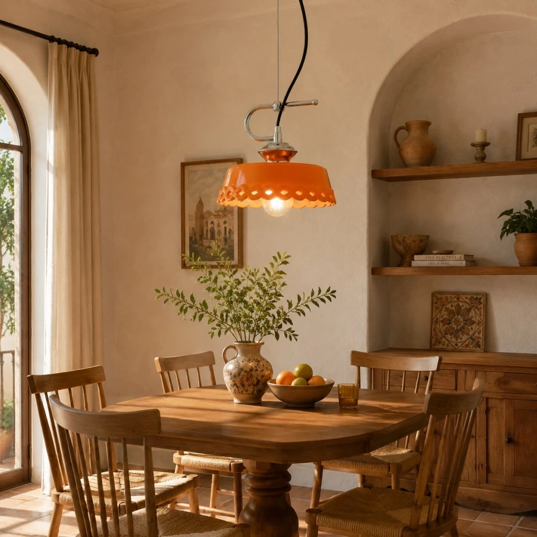 Orange ceramic pendant lamp in a warm kitchen dining nook