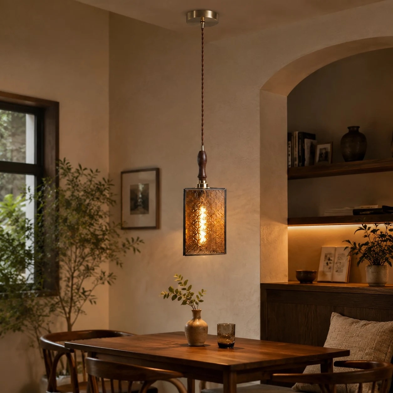 Suspension en verre vintage installée au-dessus d'une table à manger