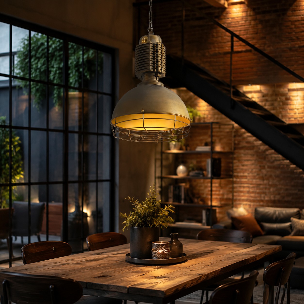 Suspension en laiton antique avec cage, dans l'intérieur d'un café