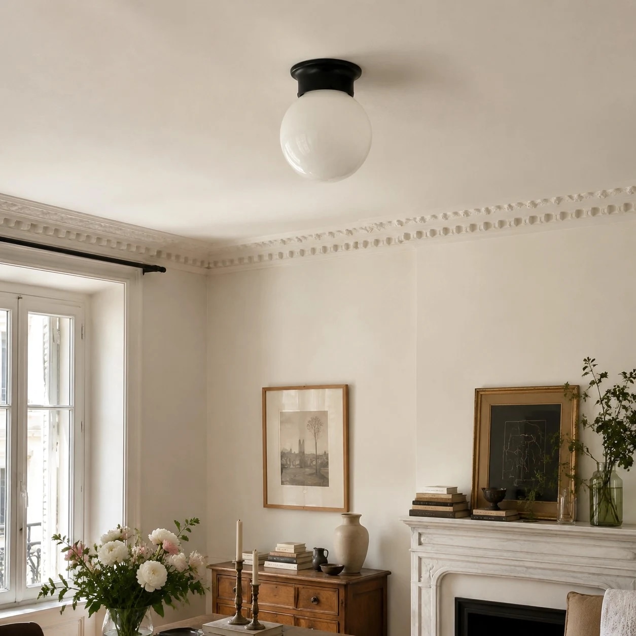 Plafonnier minimaliste en verre installé dans un salon lumineux