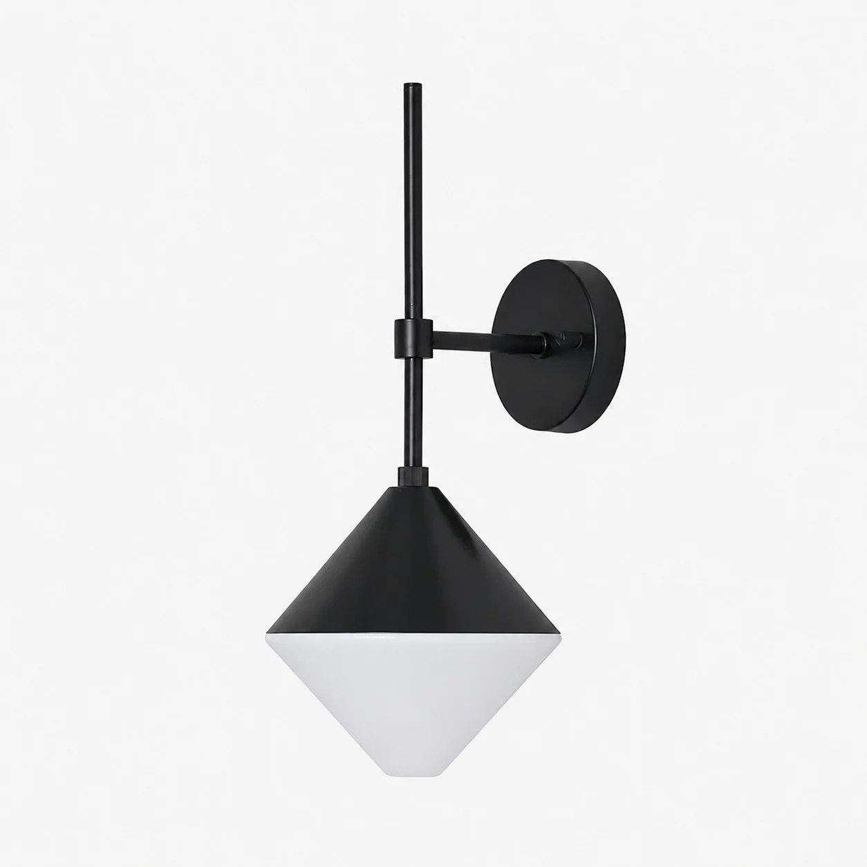 black finish wall sconce with white lower shade angled view