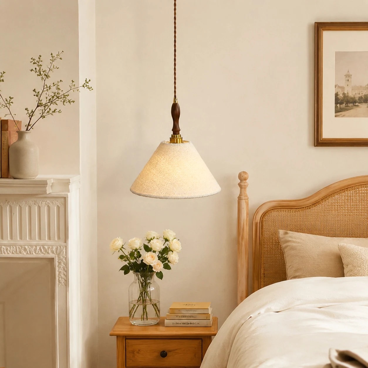 Suspension en tissu crème installée à côté d'un lit de chambre