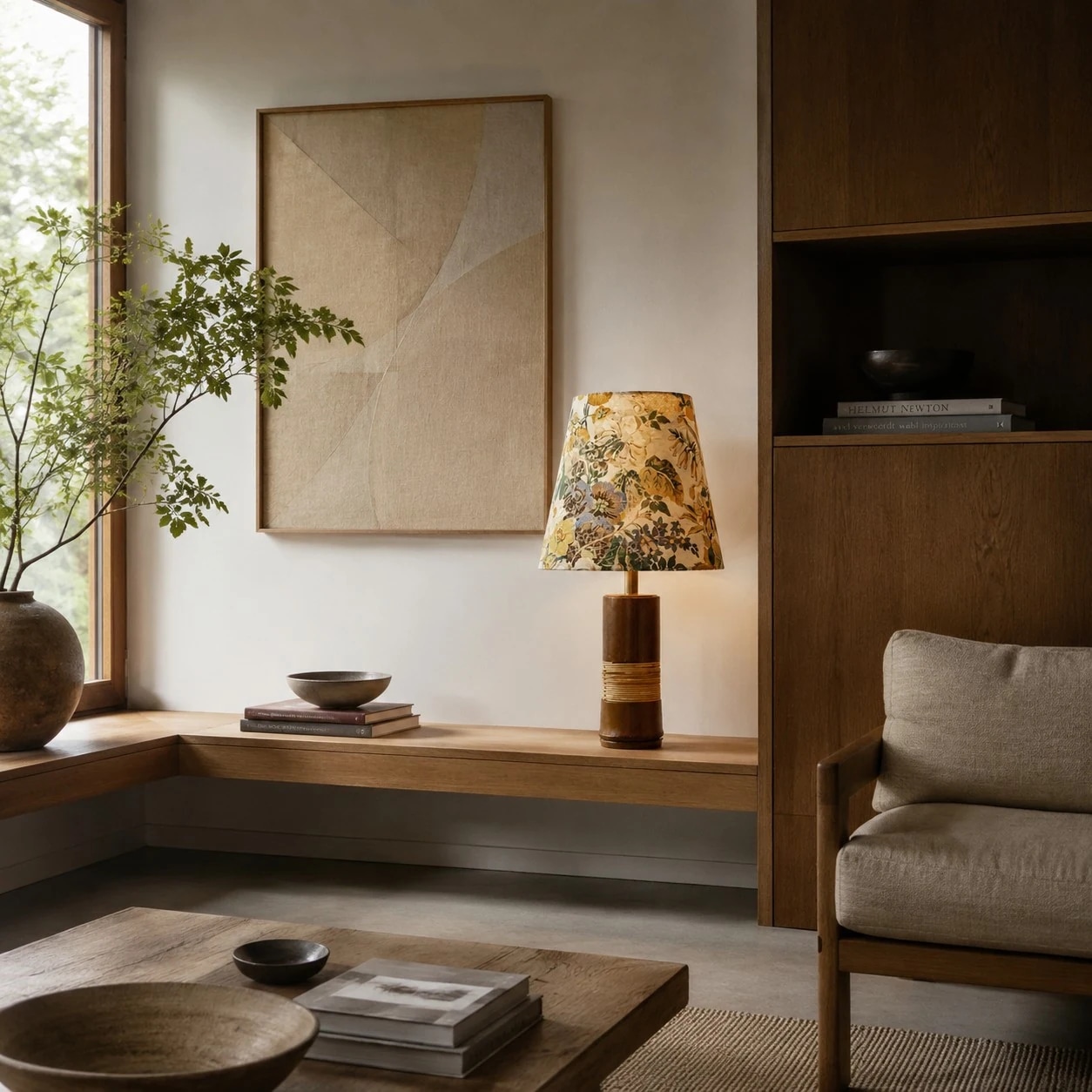 Lampe de table en tissu de bambou sur une table d'appoint stylisée