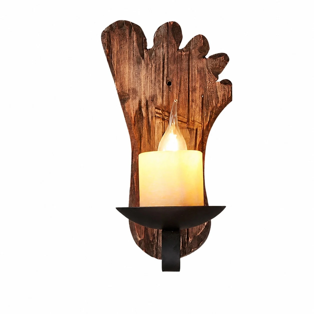 Applique da parete in stile rustico con piastra posteriore in legno.
