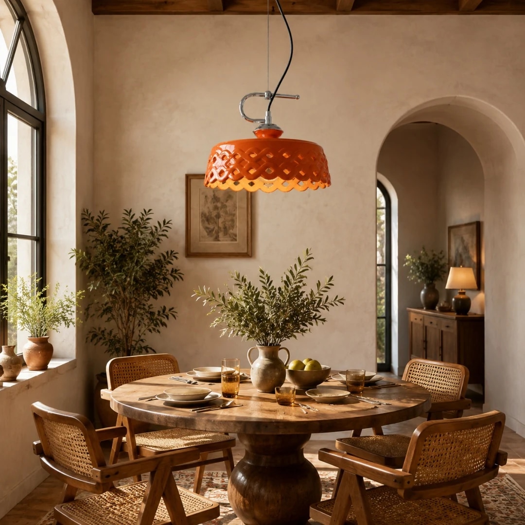 Orange ceramic pendant lamp above a rustic dining table