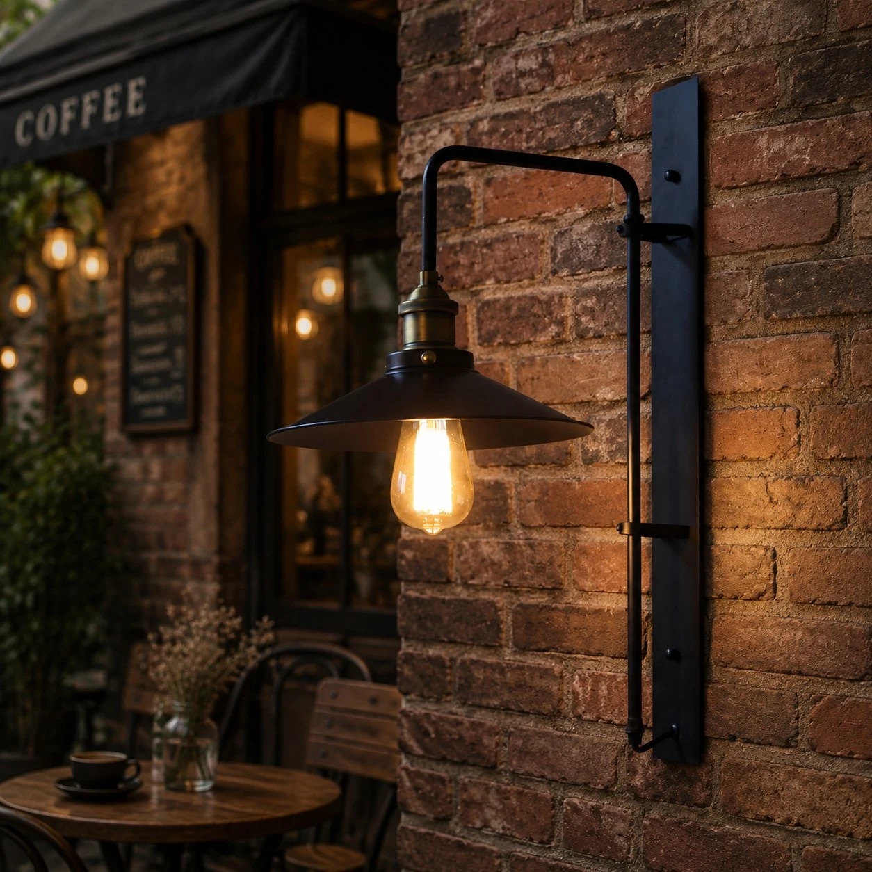 Applique murale en bronze foncé sur la façade en briques d'un café