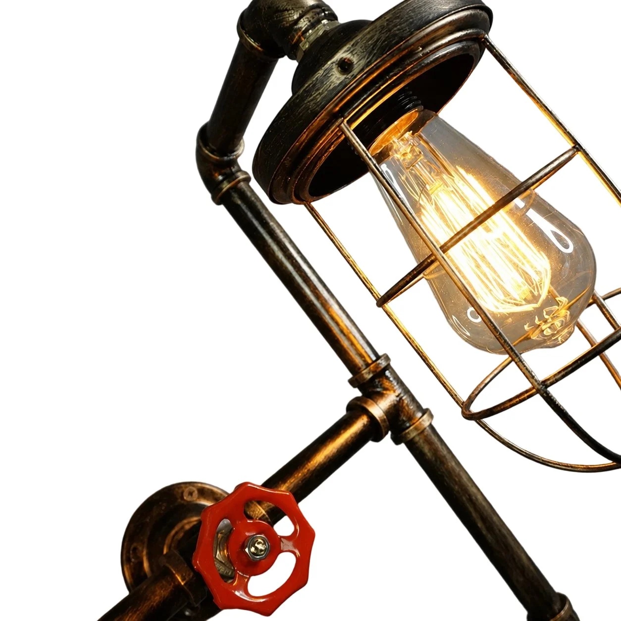 Forme de tuyau en fer, abat-jour en cage métallique et accent de valve rouge