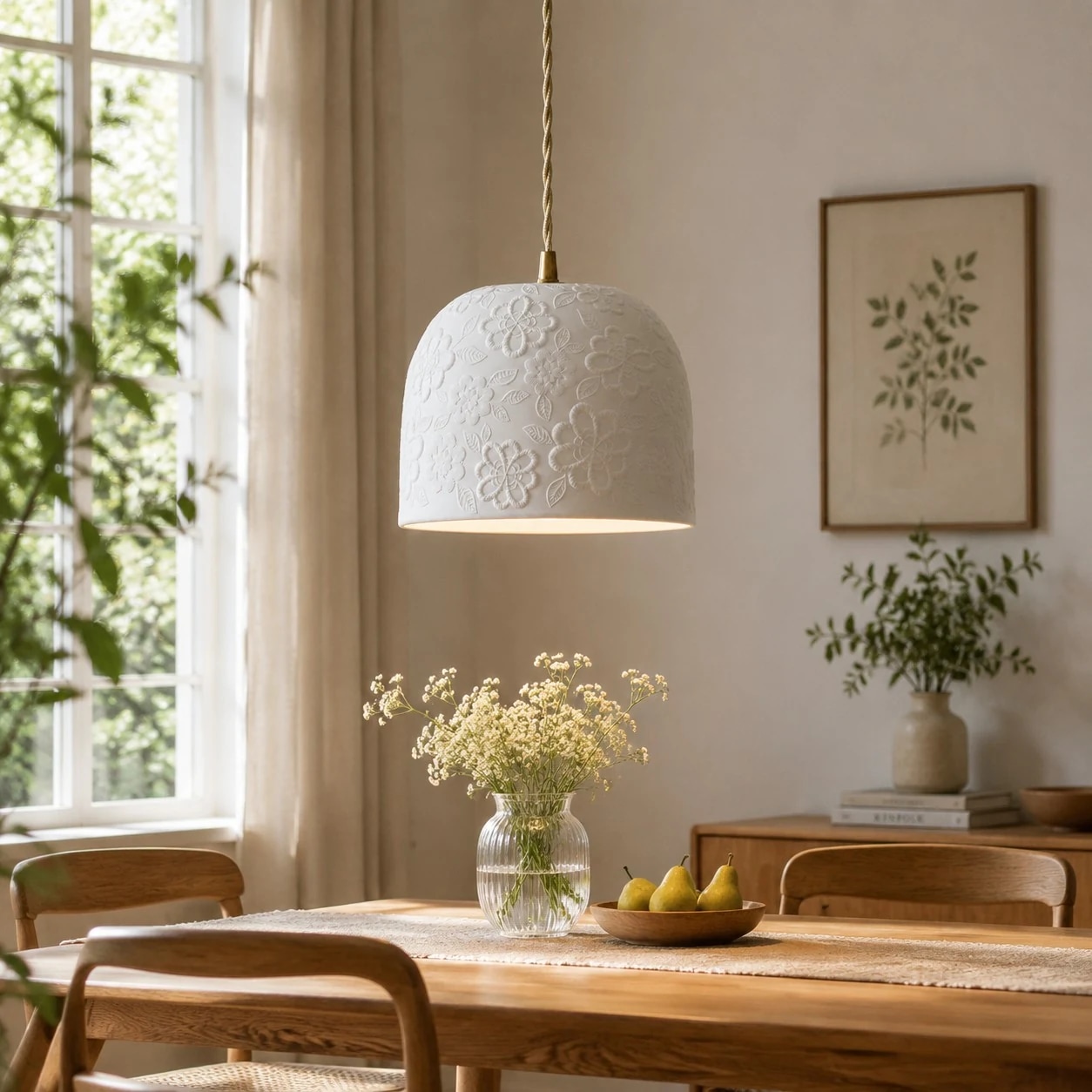 Lámpara colgante de latón y cerámica blanca sobre una mesa de comedor.