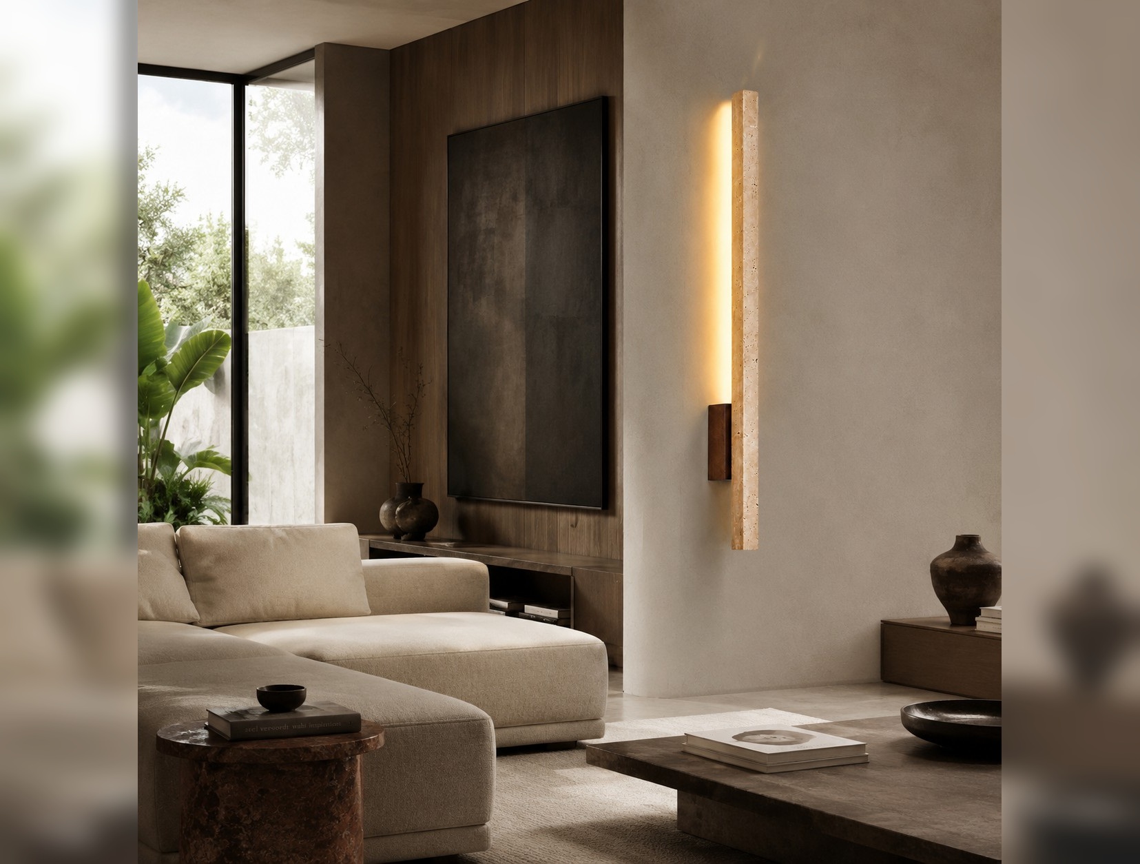 Applique murale LED linéaire en travertin et bois dans une pièce
