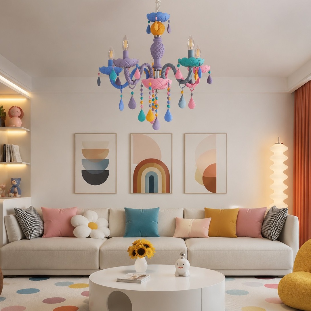 Lustre coloré installé dans un salon, dans une chambre d'enfant