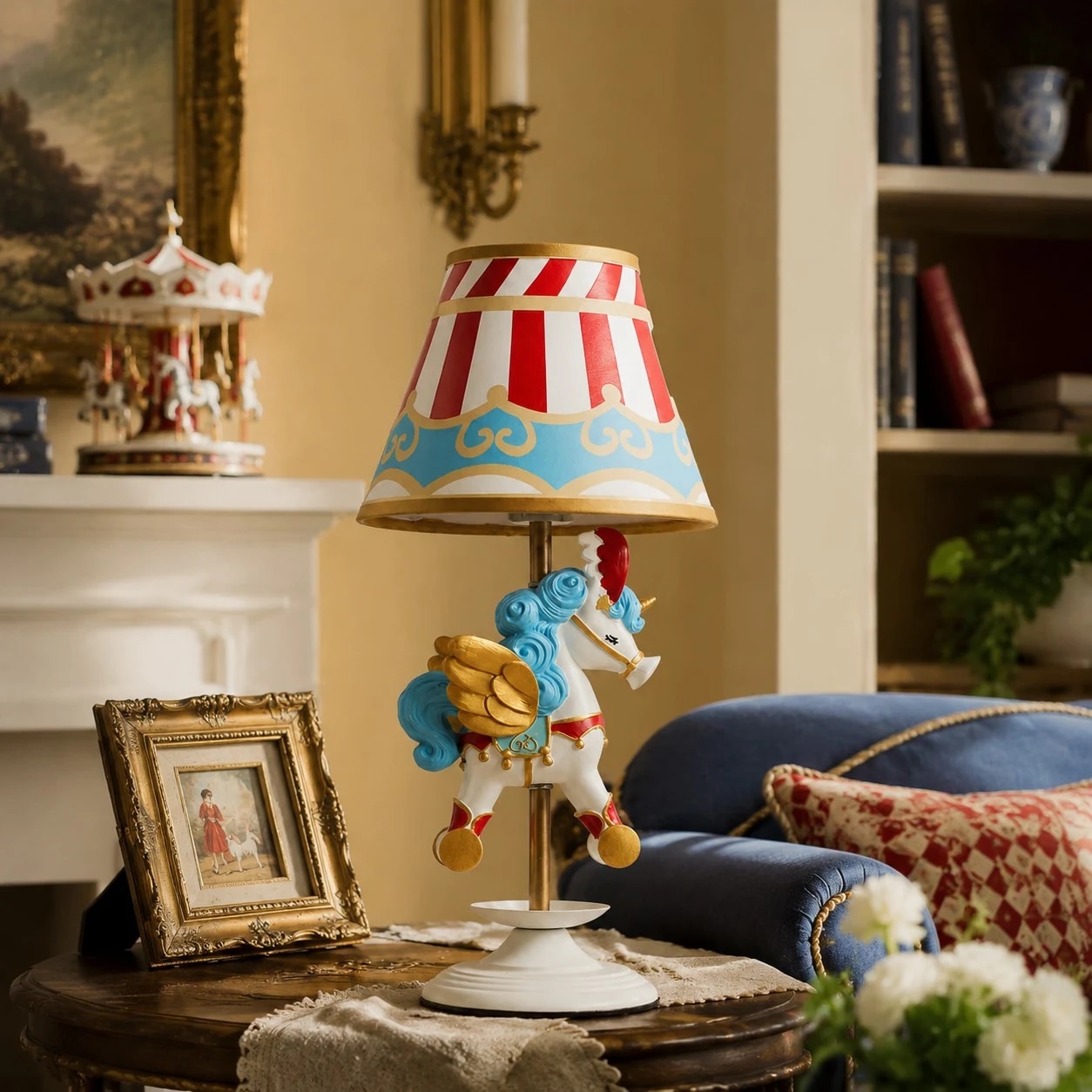 Lámpara de mesa con forma de unicornio y carrusel de circo en una cálida habitación de estilo vintage.