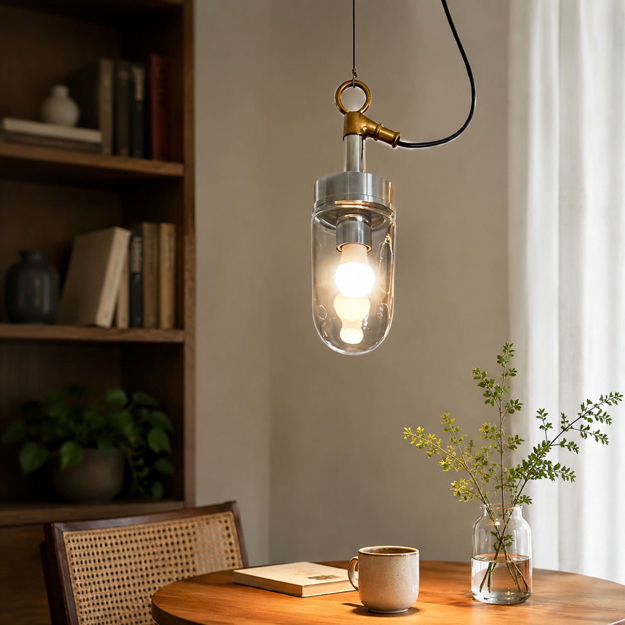 Pendant light over a cafe table setting