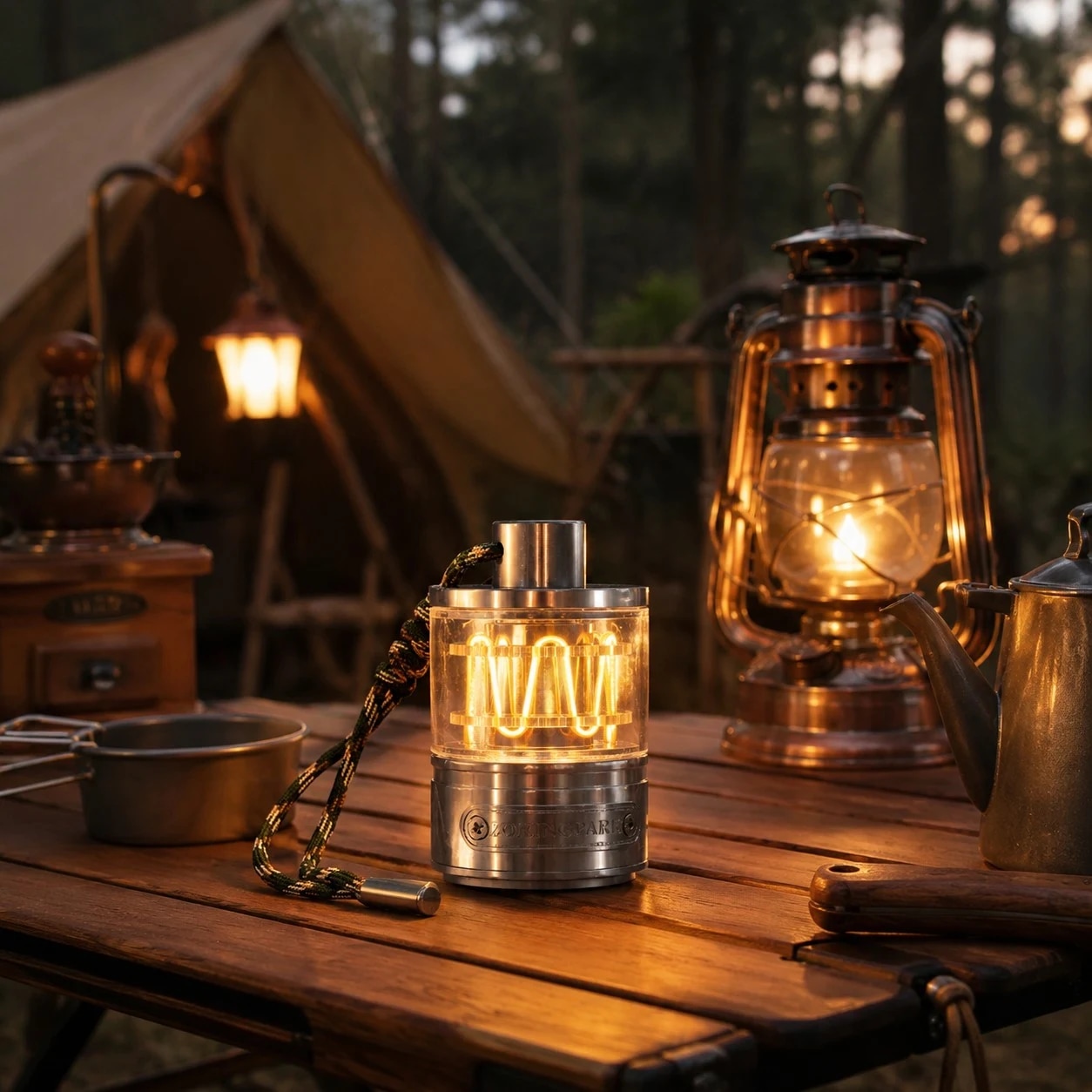 Lampe allumée dans une scène de table de camping
