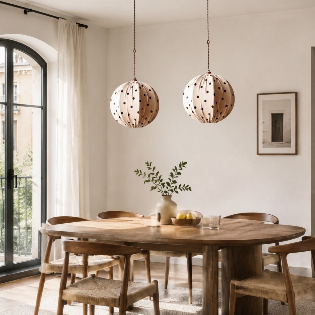 Suspension en tissu crème à pois au-dessus d'une table à manger