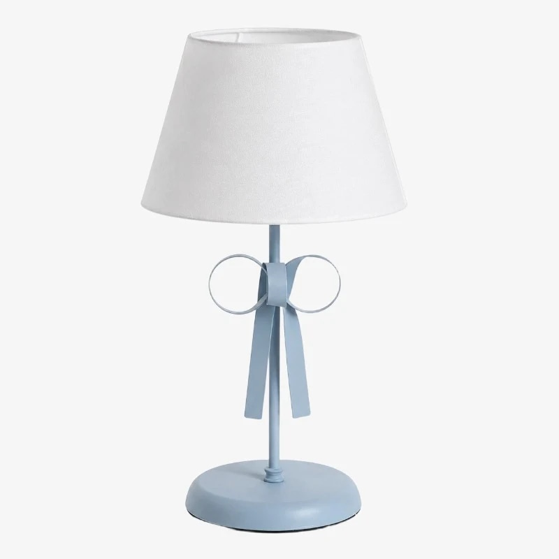 Lámpara de mesa con pantalla blanca y cuerpo azul