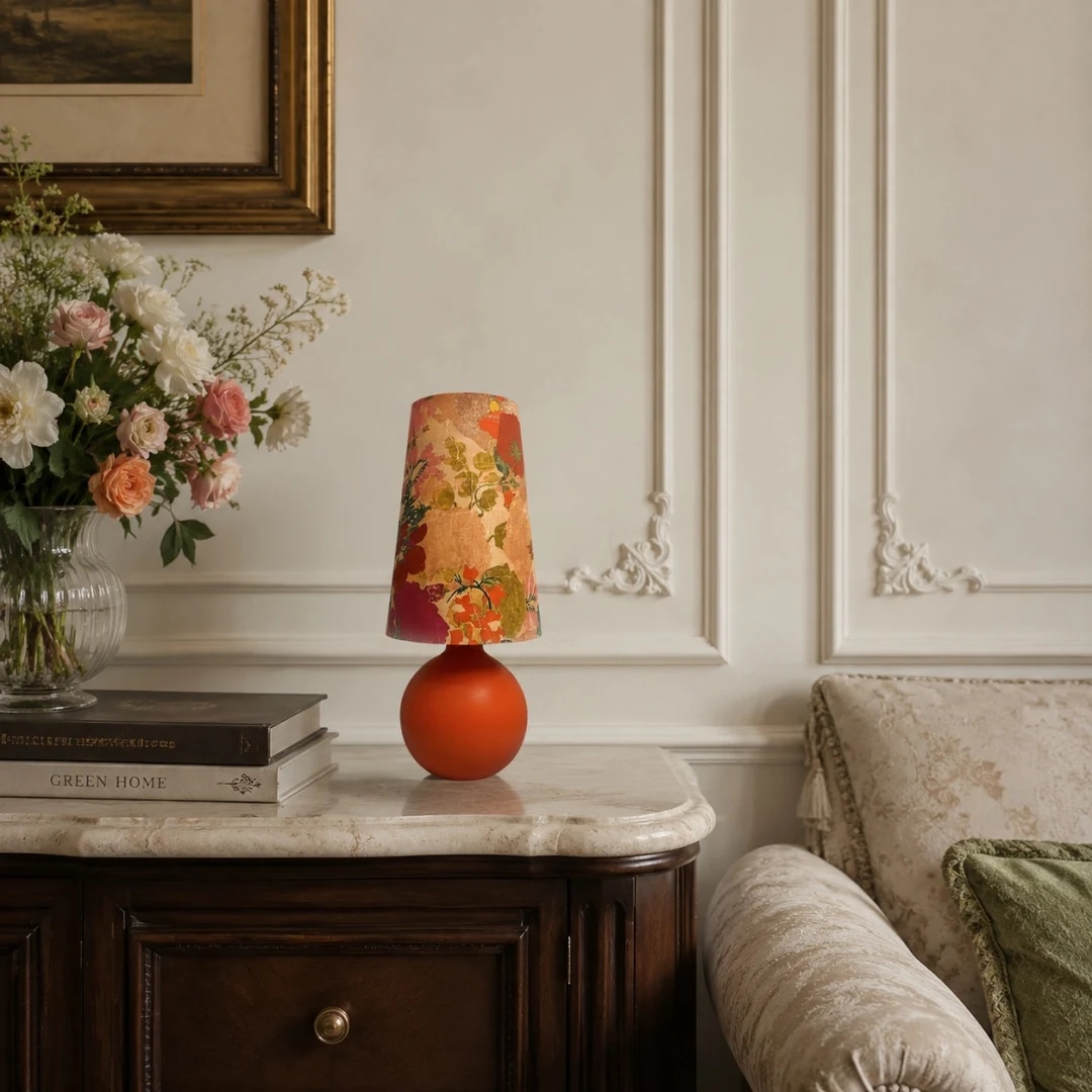 Lampe de table en tissu orange-bleu