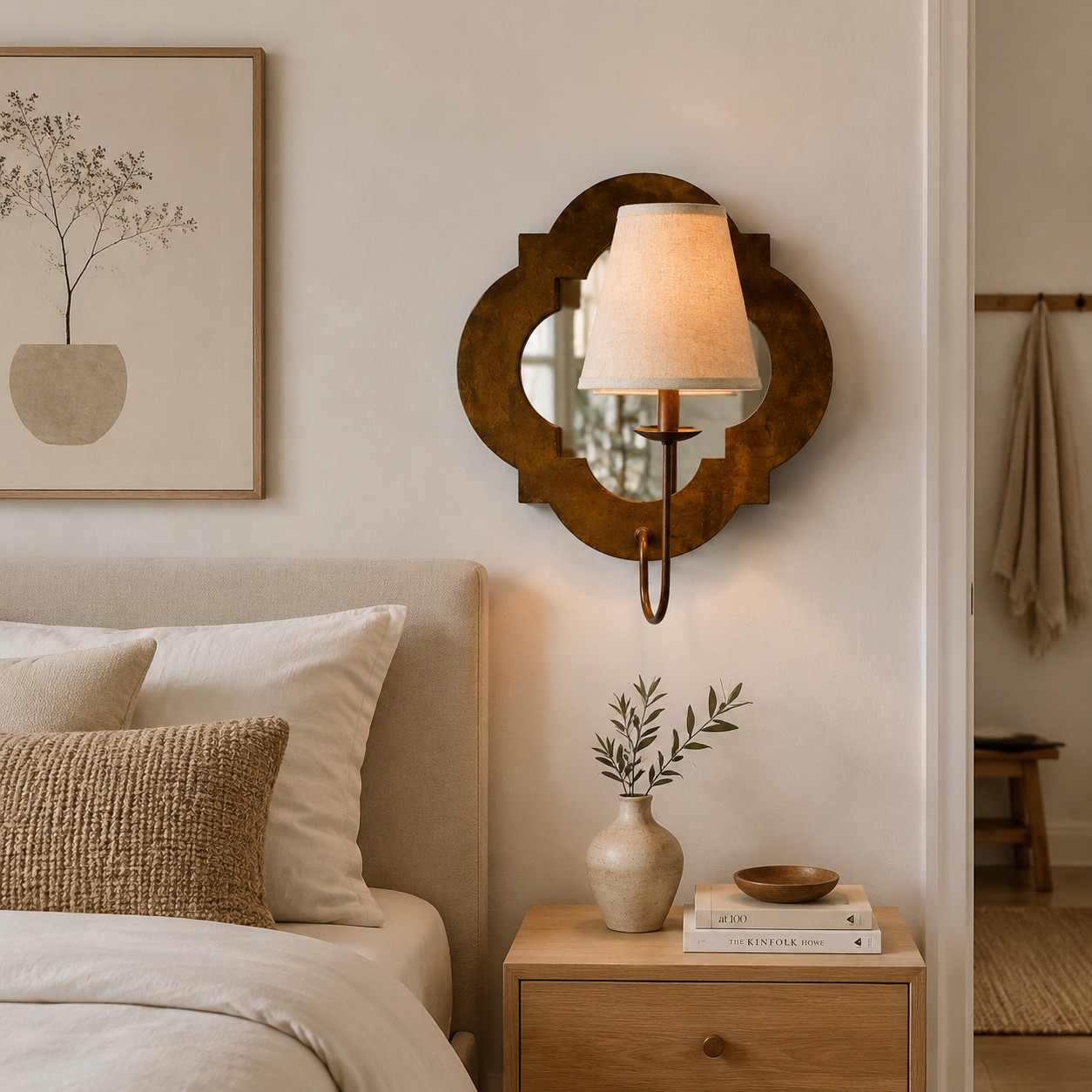 Applique murale ancienne en bois avec abat-jour en tissu dans une pièce