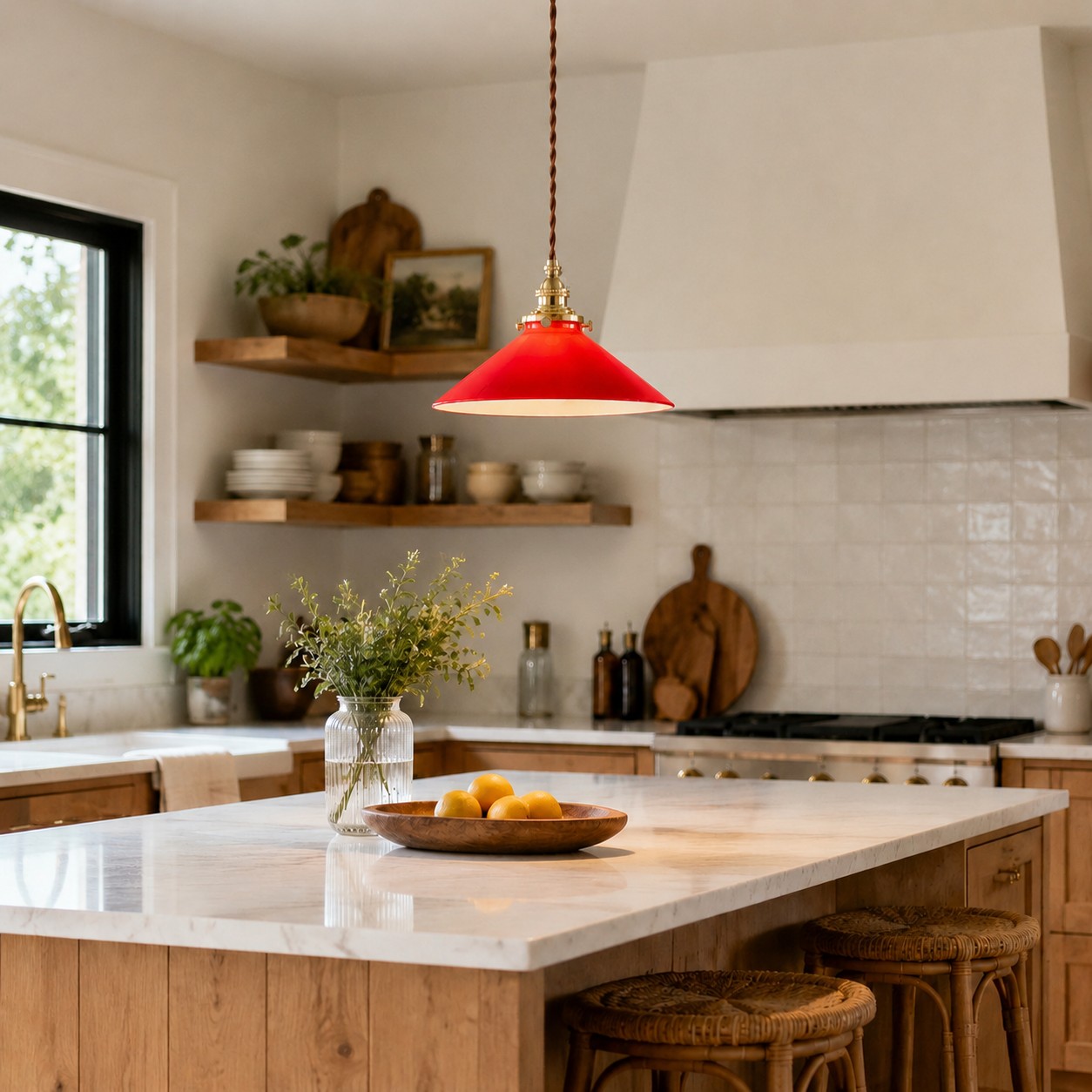 Lámpara colgante de cristal vintage sobre una isla de cocina.