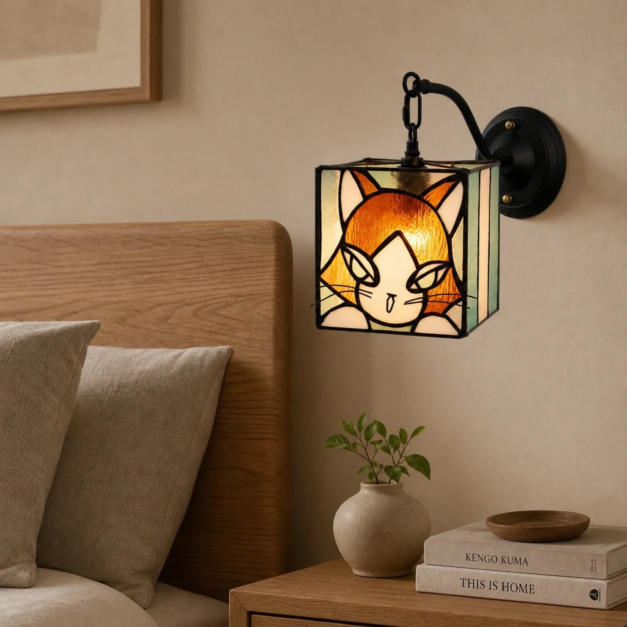 Applique murale en vitrail représentant un chat, installée comme éclairage d'ambiance chaleureux