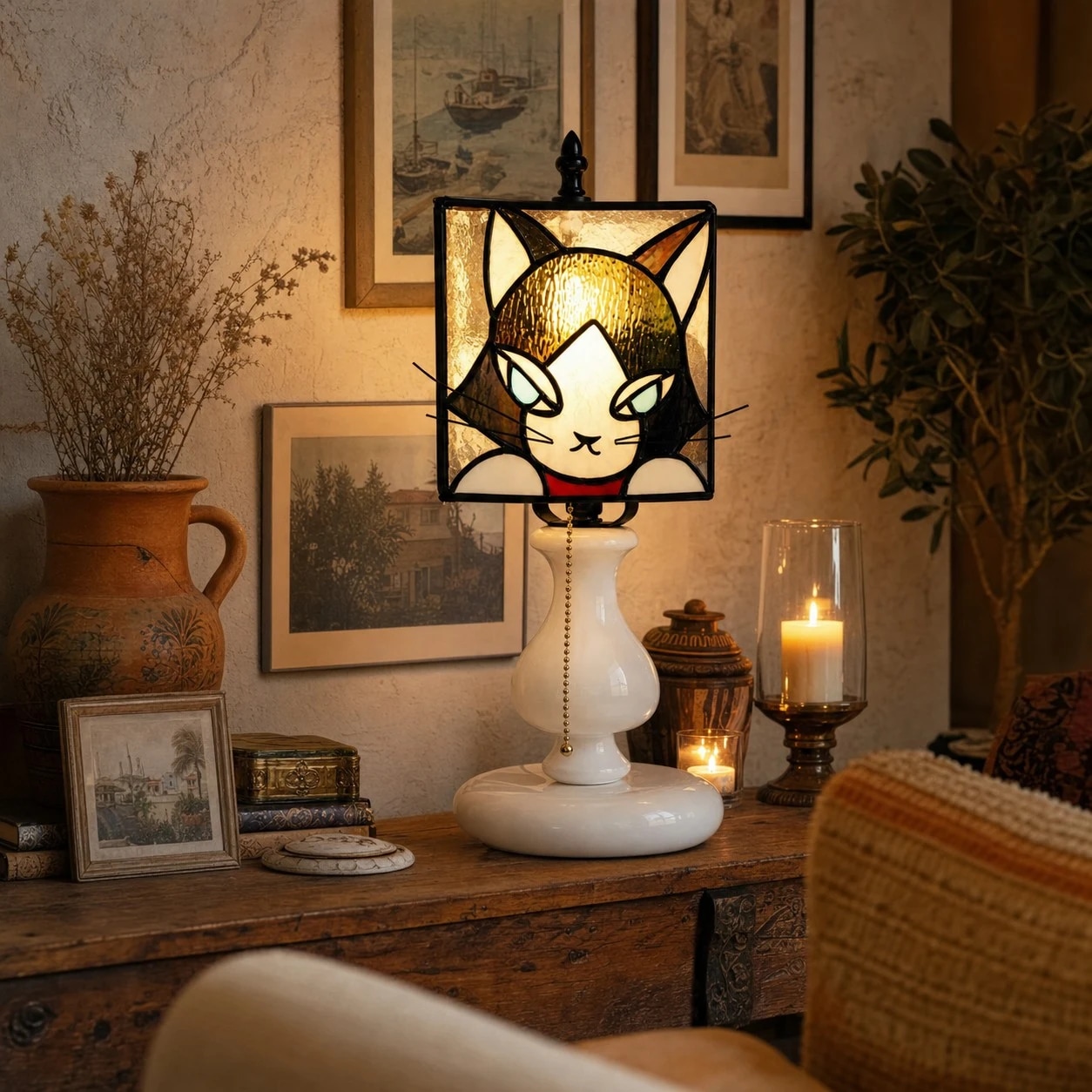 Lámpara de vitral con forma de gato morado ahumado que brilla sobre una mesa consola antigua.