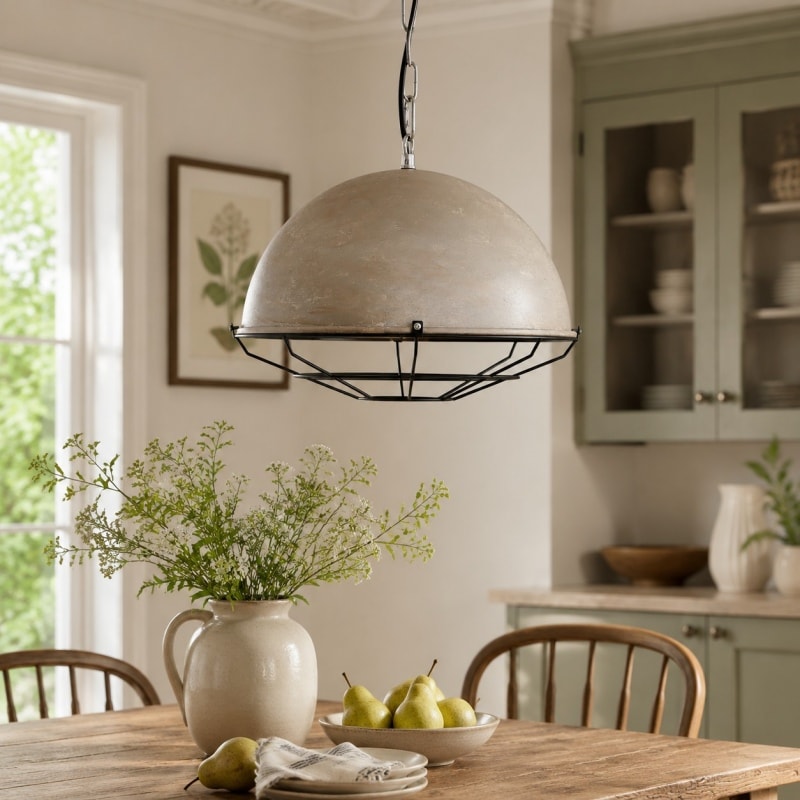 Suspension industrielle vintage installée au-dessus d'une table à manger