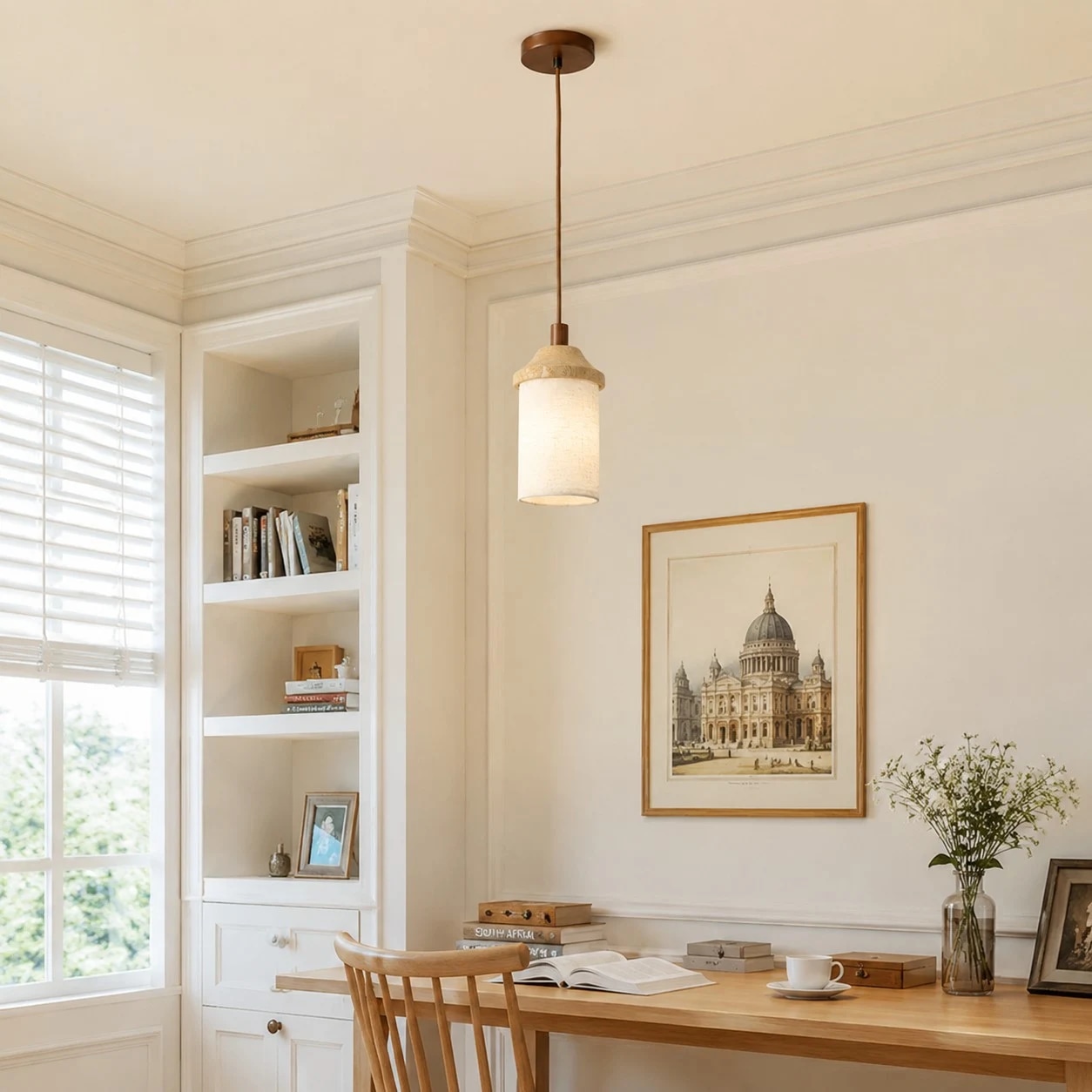 Travertine pendant light installed above a bright dining or reading table