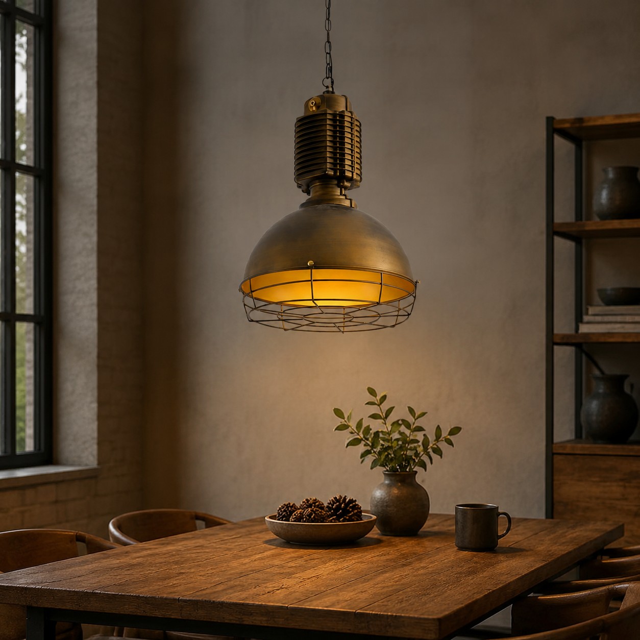 Suspension en laiton antique au-dessus d'une table de style industriel chaleureux