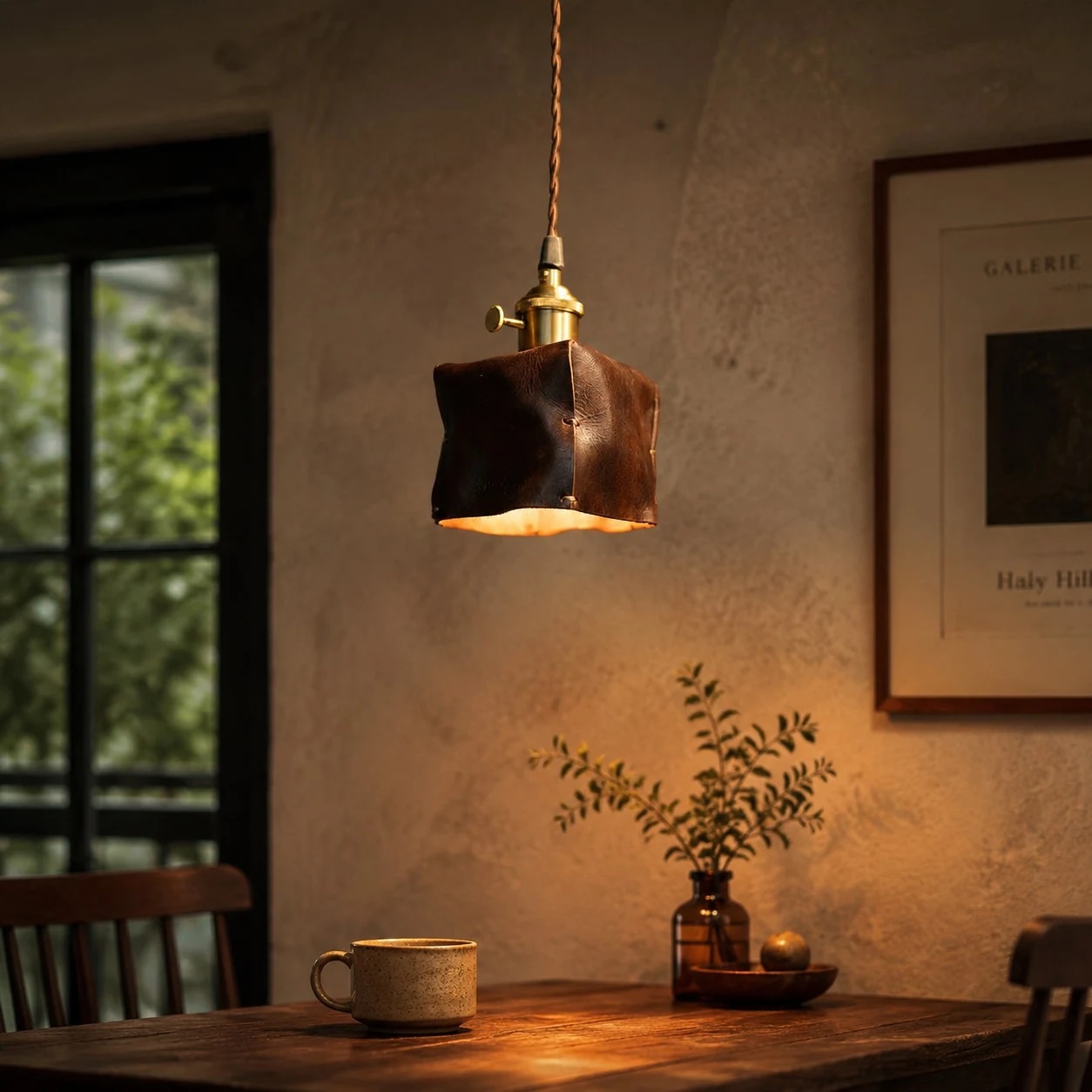Brown leather pendant light glowing above a warm dining table scene