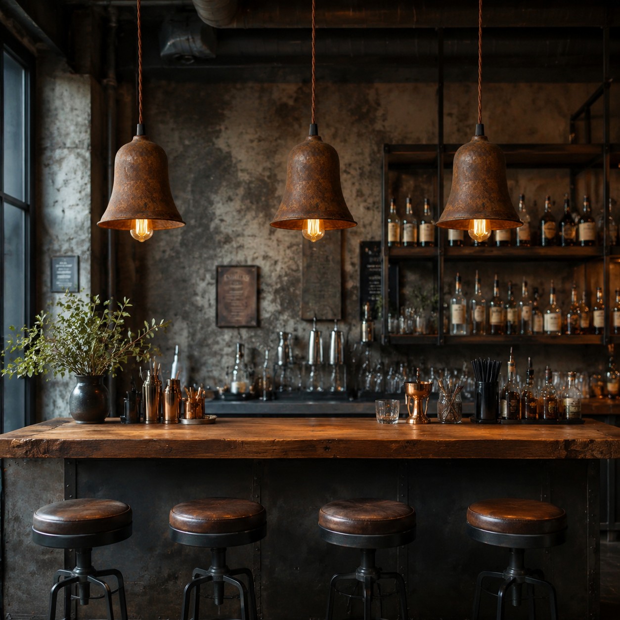 Trois suspensions cloche rouille dans un bar industriel