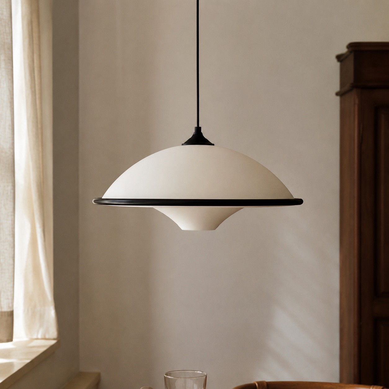 A quiet focal point for warm dining spaces.