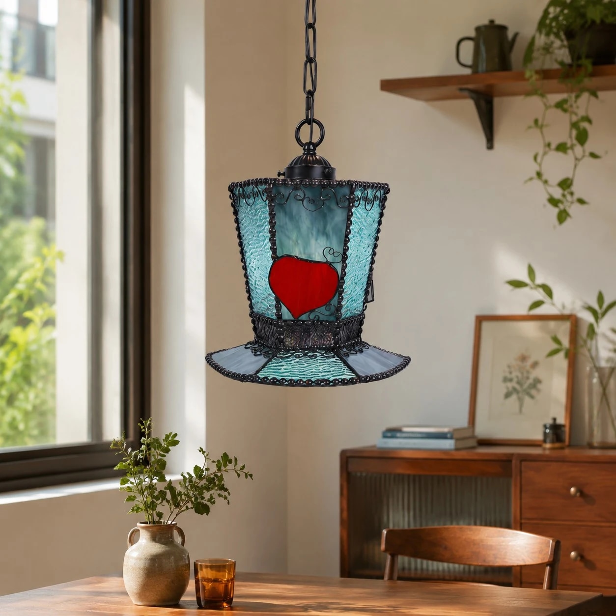 Suspension bleue dans un intérieur chaleureux