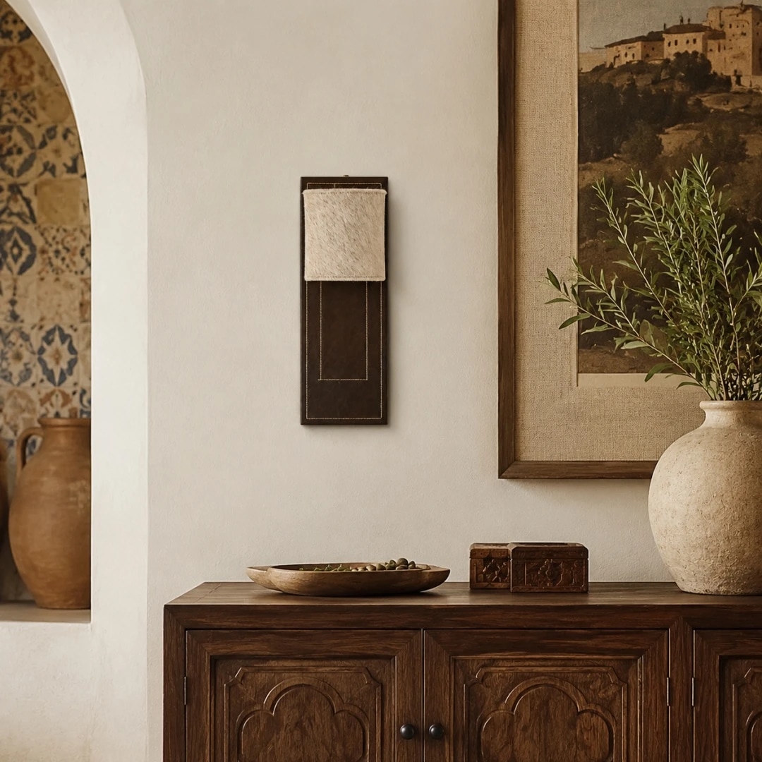Applique murale en cuir installée au-dessus d'une console dans un intérieur classique et chaleureux