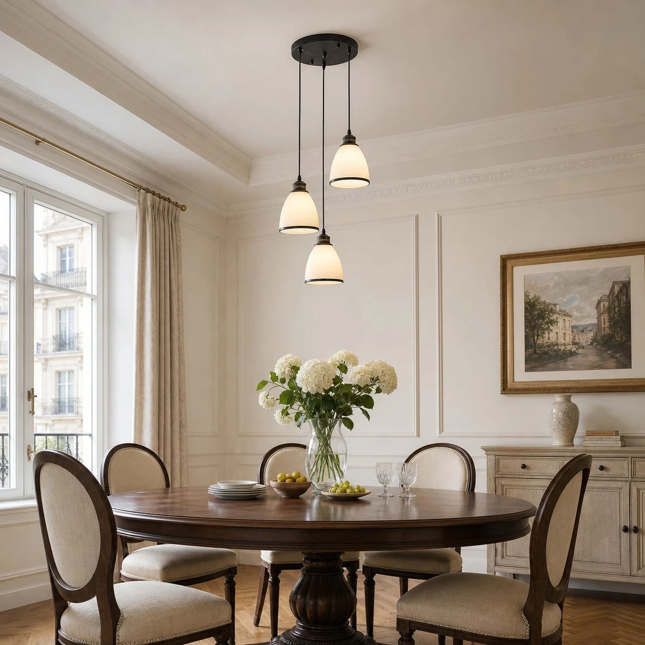 Suspension ronde à baldaquin présentée dans une salle à manger complète
